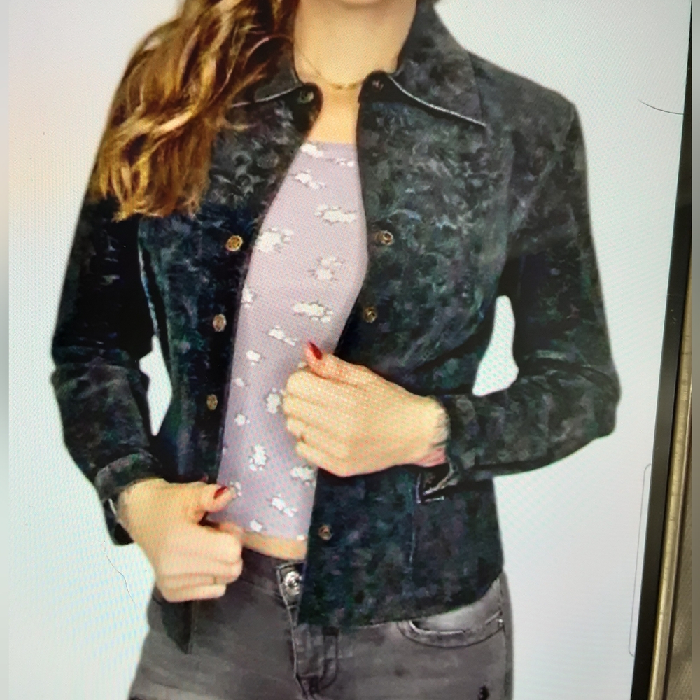 Womens Black LIVE A LITTLE Leather Brocade Pattern Jacket, Size PP.